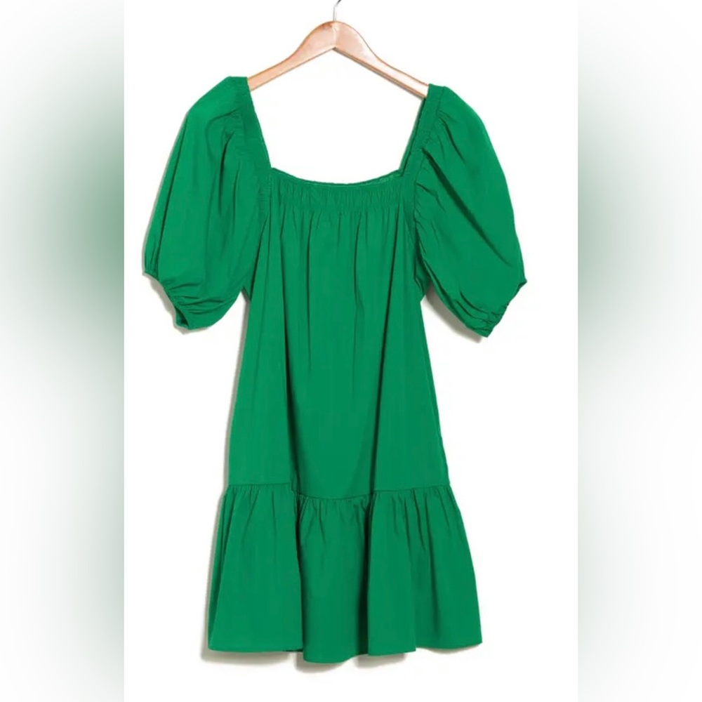 One One Six green square neck ruffle bubble puff sleeve mini poplin dress